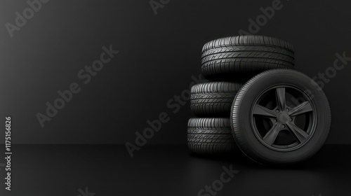 Stack of four black tires with rims on dark background. photo