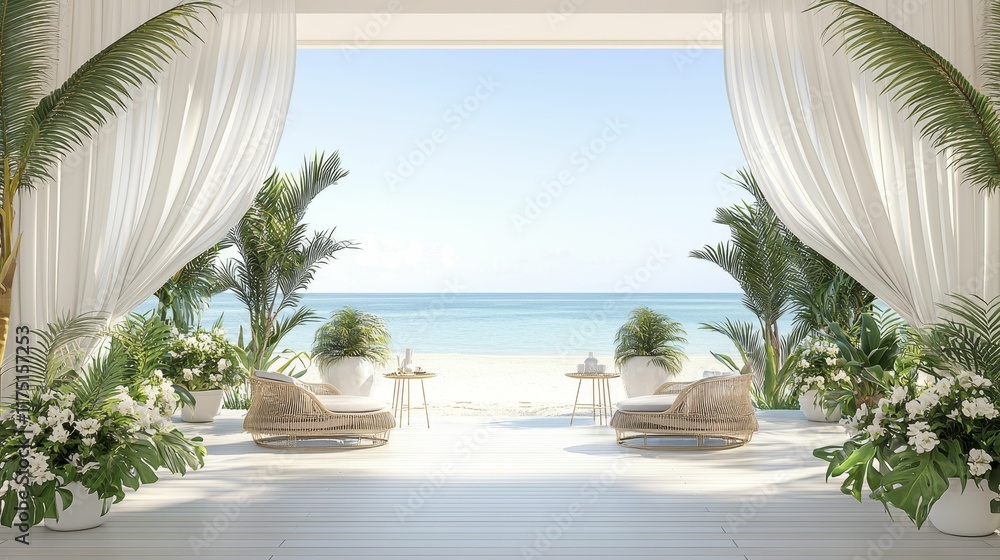 Fototapeta premium Fitness room Serene beach view through elegant curtains and tropical plants.