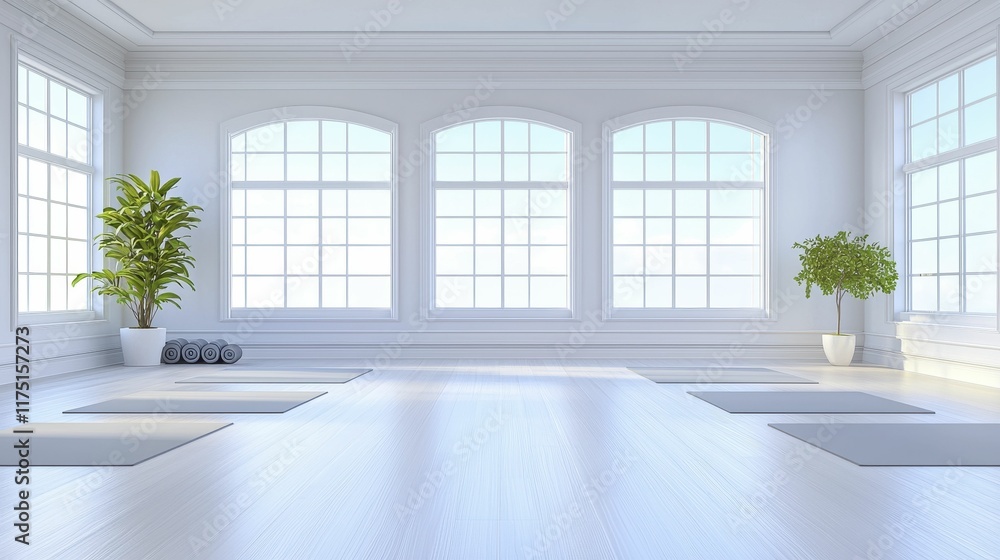 Fototapeta premium Fitness room Bright, spacious room with large windows and plants.