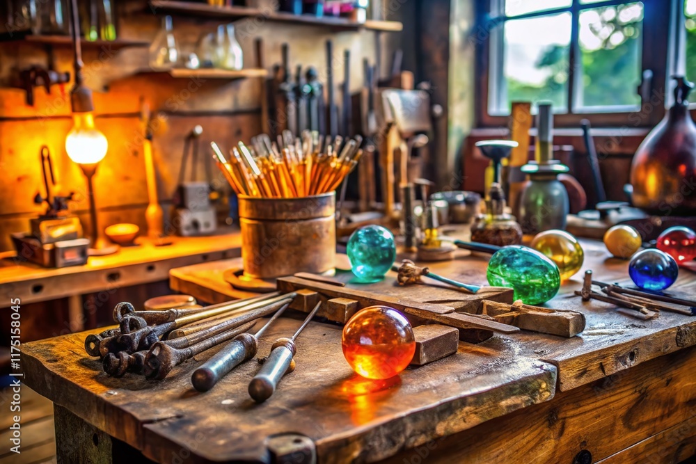 Rustic Wooden Bench with Metal Glassblowing Tools - Stock Photo Rustic Wooden Bench with Metal Glassblowing Tools - Stock Photo