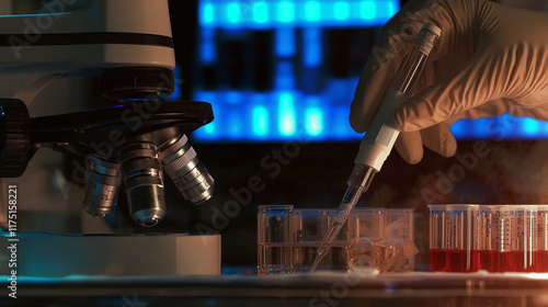 A gloved hand uses a pipett...