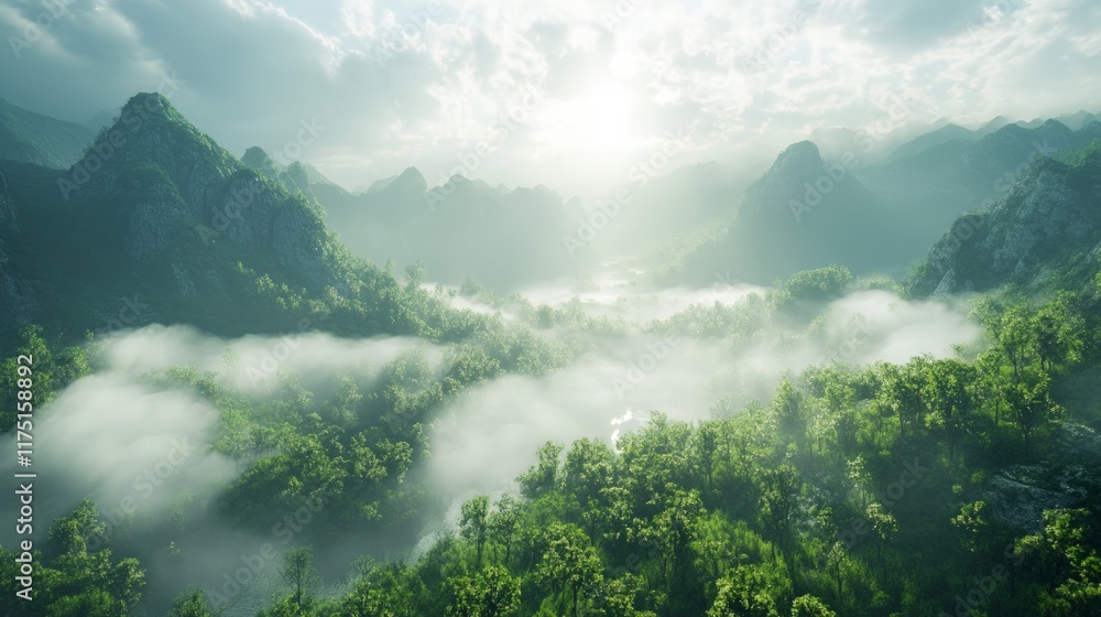 Obraz premium Mist Rolling Over a Tranquil Valley with Lush Greenery