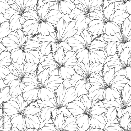 Tropical Plants Background. Tropical Seamless Pattern Trendy graphics. Tropical Flowers and Leaves Line Art. Tropical flowers seamless pattern
