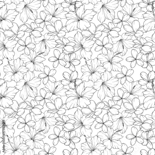 Tropical Plants Background. Tropical Seamless Pattern Trendy graphics. Tropical Flowers and Leaves Line Art. Tropical flowers seamless pattern