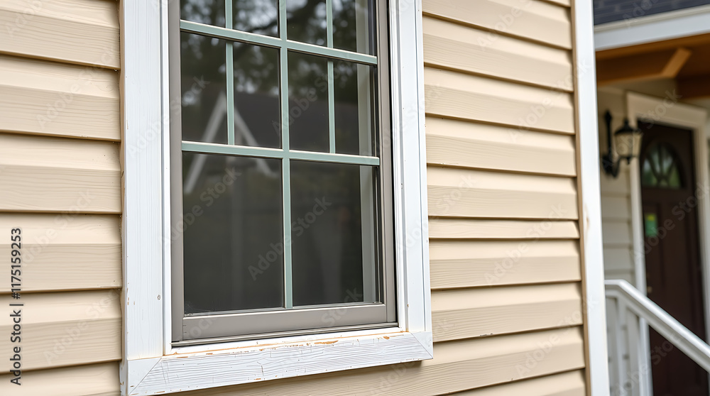 Fototapeta premium Close-up view of a beige vinyl-sided house exterior featuring a multi-paned window with a white frame. The window is centrally positioned, and a portion of a neighboring house's exterior is visible.