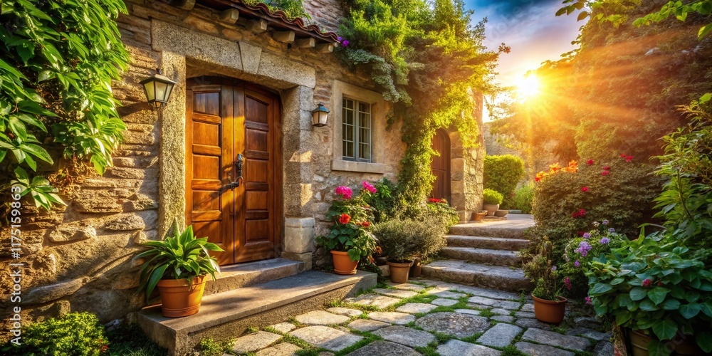 Fototapeta premium Rustic Wooden House Entrance, Countryside Home Exterior, Front Door, Pathway, Charming Cottage