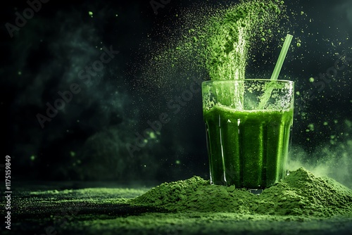 A vibrant green smoothie drink with smoke and powder, perfect for healthy lifestyle imagery. photo