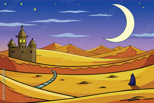 Illustration of a crescent moon above a desert with dunes and a mosque, creating a peaceful Ramadan Islamic Background scene