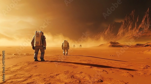 Martian Expedition: Astronauts Trek Across a Desolate, Orange Landscape photo