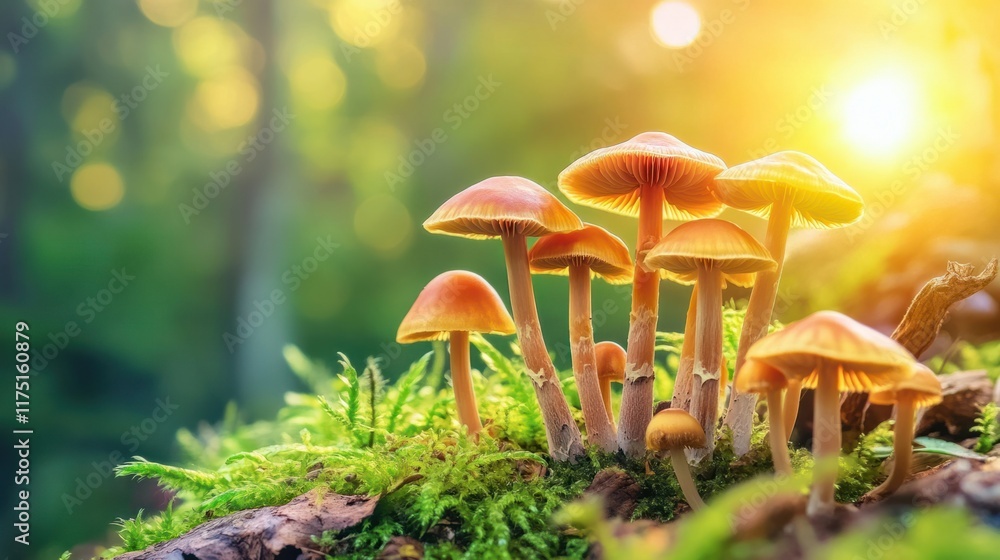 Fototapeta premium A conceptual design showcasing mushrooms in a glowing forest setting, highlighting their natural health benefits