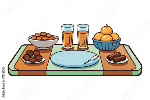 Ramadan Islamic Background with a traditional Iftar table set with dates, fruits, juices, and sweets, perfect for festive celebrations