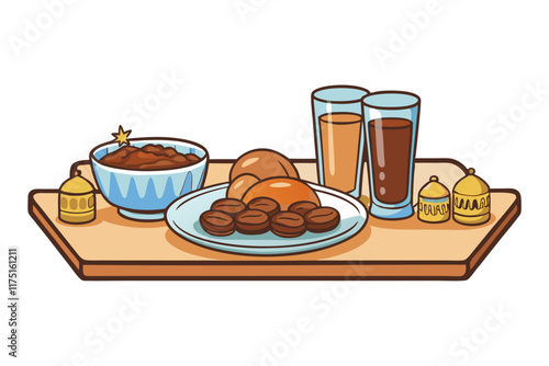 Ramadan Islamic Background highlighting a beautifully arranged Iftar table filled with classic Ramadan treats and refreshing drinks