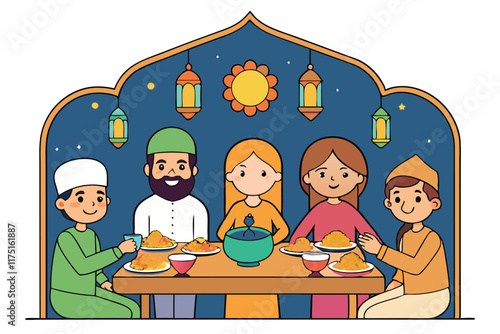 Ramadan Islamic Background Heartwarming scene of a family sharing iftar at a beautifully decorated table during Ramadan nights