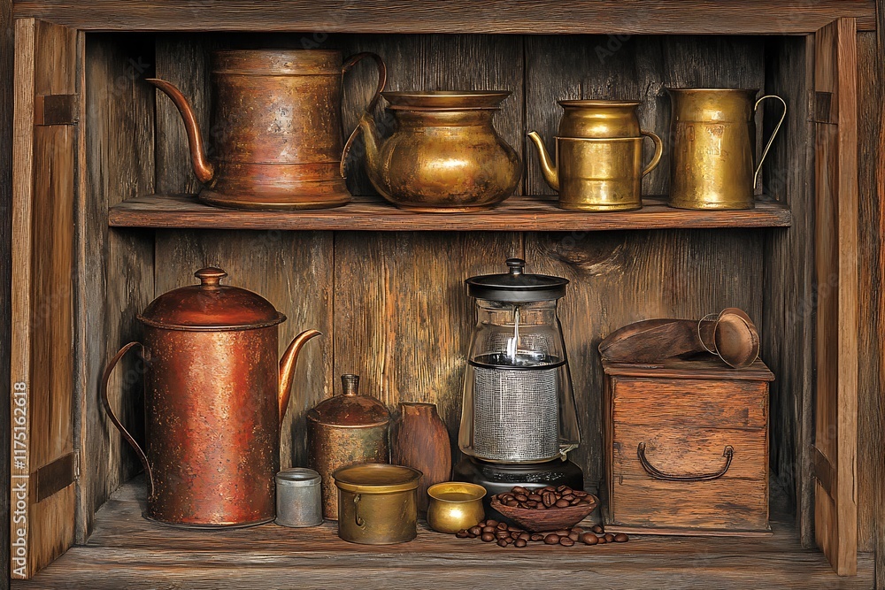 A collection of coffee equipment displayed neatly on a shelf, including a French press, grinder, and coffee jars, with warm lighting enhancing the setup A collection of coffee equipment displayed neatly on a shelf, including a French press, grinder, and coffee jars, with warm lighting enhancing the setup
