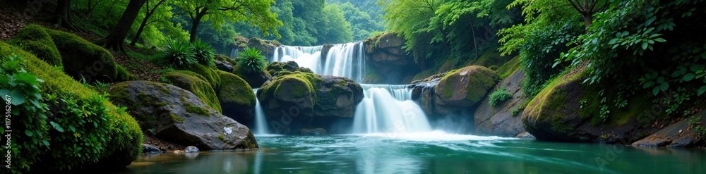 Naklejka premium A small waterfall in Hong Kong's forest creates a soothing sound that fills the air with water and mist, wasserfall, hongkong