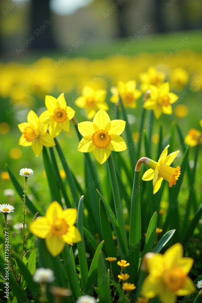 A field of bright yellow daffodils amidst a sea of green grass and wildflowers, bloom, spring, landscape A field of bright yellow daffodils amidst a sea of green grass and wildflowers, bloom, spring, landscape