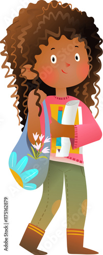 Cute teenager smart girl, African American female student holding books. Teenager schoolgirl with books, education and study character design. Watercolor colored vector clip art cartoon illustration.