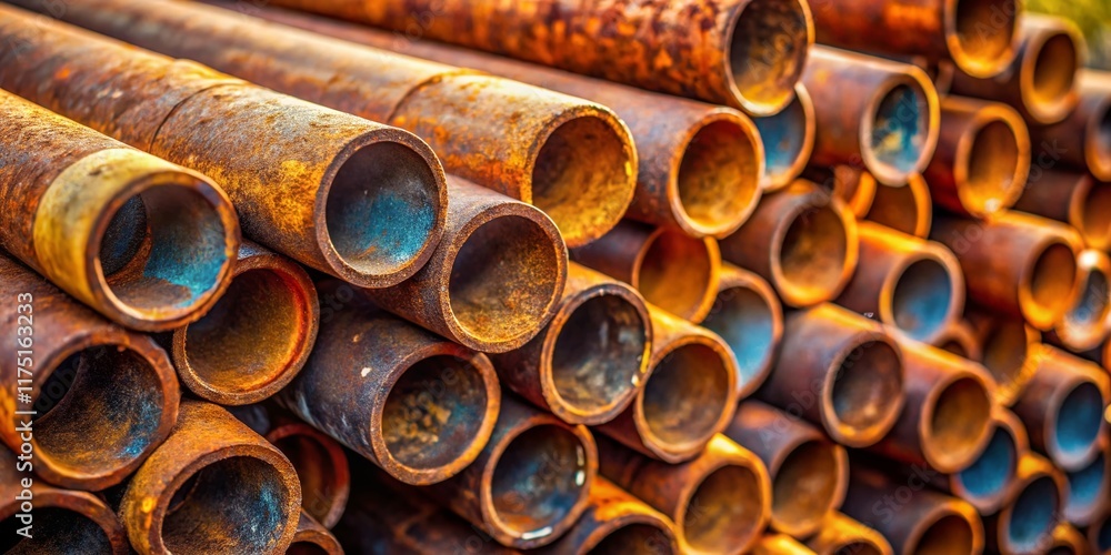 Rusty Industrial Pipes Stacked, Natural Light Bokeh, Grunge Texture Stock Photo Rusty Industrial Pipes Stacked, Natural Light Bokeh, Grunge Texture Stock Photo