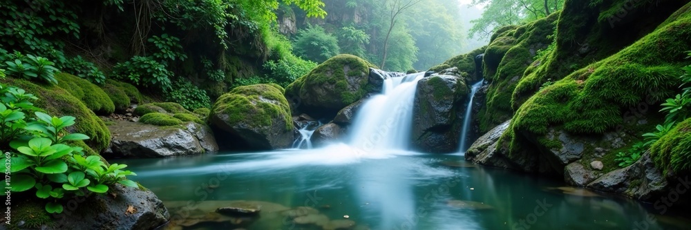 A waterfall cascading over moss-covered rocks in a serene misty environment, moss, serene, scenery A waterfall cascading over moss-covered rocks in a serene misty environment, moss, serene, scenery