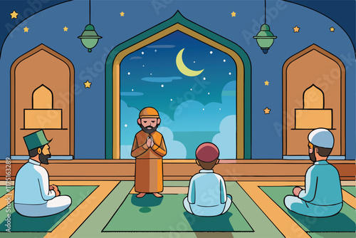 Ramadan Islamic Background Spiritual gathering for prayers in a tranquil mosque adorned with lanterns, crescent moon, and Islamic elements
