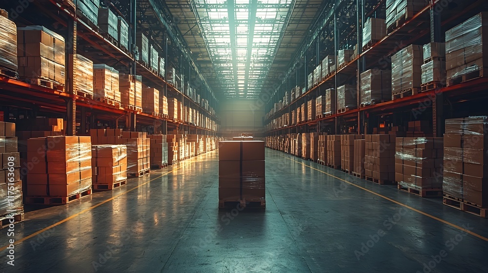 Fototapeta premium Vast Warehouse With Robotic Arms Efficiently Distributing Neatly Stacked Packages