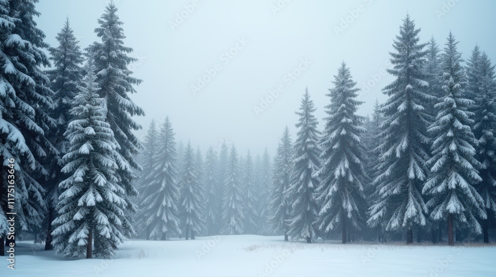 Naklejka premium Serene Winter Wonderland: A Captivating Scene of Snow-Covered Pine Trees in a Foggy Landscape