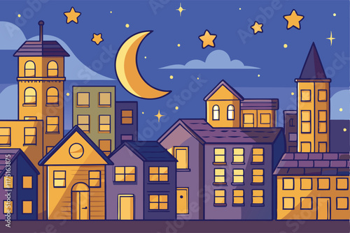 Ramadan Islamic Background Tranquil Cityscape with Crescent Moon, Shining Stars, and Illuminated Windows in an Evening Ramadan Scene