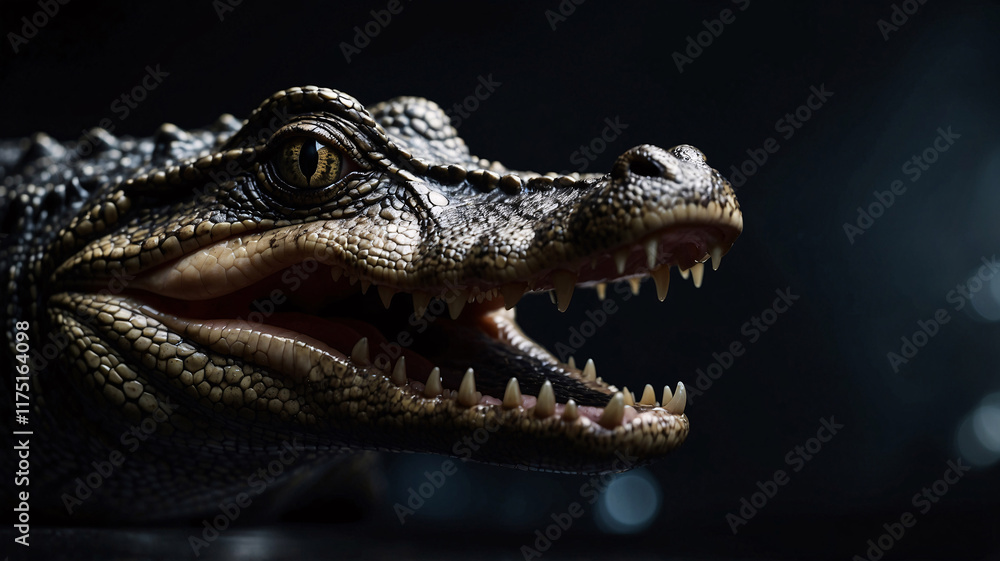 Obraz premium Vivid crocodile captured in a professional photo with a contrasting dark background stock photo wild life image