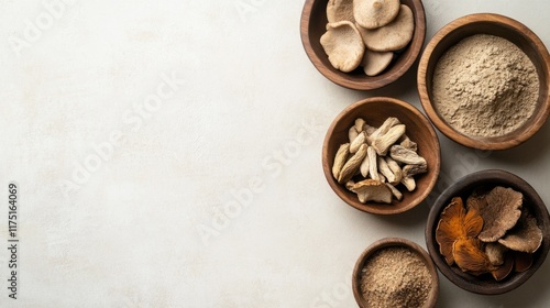 Wallpaper Mural A minimalistic banner with powdered medicinal mushrooms in wooden bowls, emphasizing health and wellness benefits Torontodigital.ca