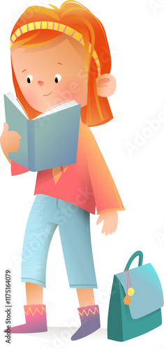 Cute teenager smart girl student reading a book. Teenager nerd, female student with a book, colorful character design. Watercolor colored vector clip art cartoon illustration.