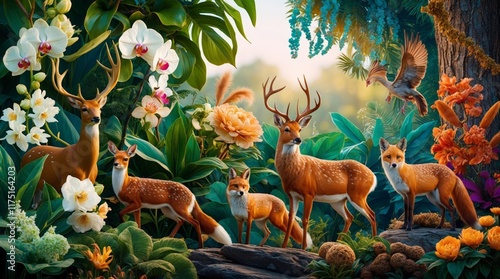 Majestic Deer and Foxes Amidst Lush Tropical Flowers: A Serene Nature Painting