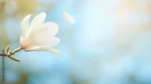 A magnolia petal gently falling through the air, closeup with a blurred background and ample copyspace for text