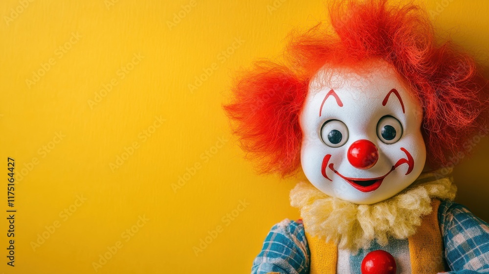 Colorful clown doll with bright red hair posing against a cheerful yellow background. April Fools Day or Birthday party Colorful clown doll with bright red hair posing against a cheerful yellow background. April Fools Day or Birthday party