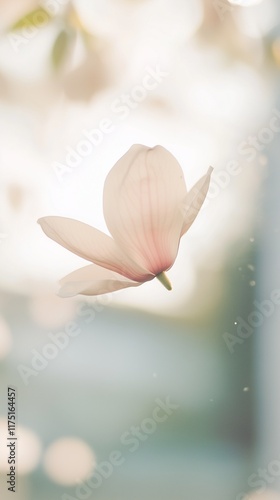 A magnolia petal gently falling through the air, closeup with a blurred background and ample copyspace for text