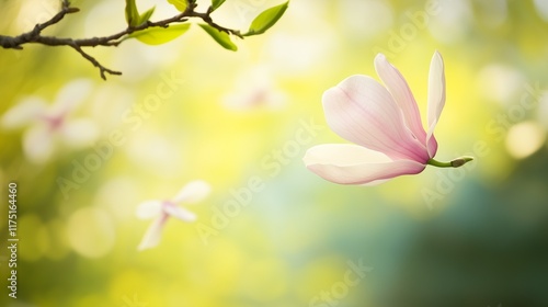 A magnolia petal gently falling through the air, closeup with a blurred background and ample copyspace for text