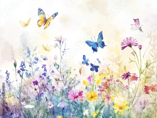 Ethereal watercolor illustration of a dreamy meadow with colorful wildflowers and butterflies, high-quality, ethereal allure, nature's symphony