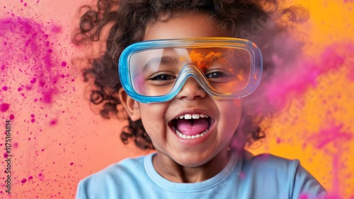 Excited young scientist with curly hair and oversized safety goggles, surrounded by colourful chemical explosions in a laboratory setting
