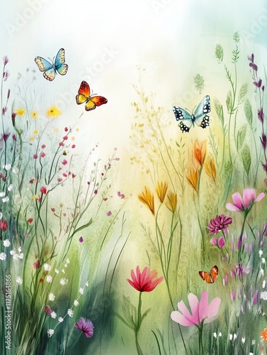 Ethereal watercolor illustration of a dreamy meadow with colorful wildflowers and butterflies, high-quality, ethereal allure, nature's symphony