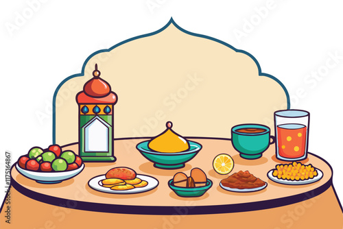 Vibrant illustration of an iftar table with traditional foods, decorative lanterns, and space for text, ideal for Ramadan themed designs