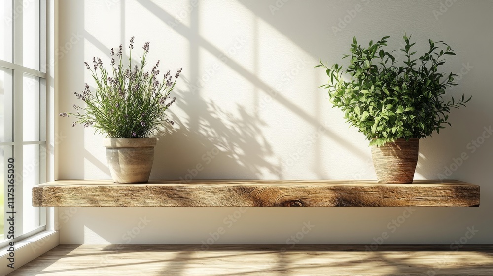 Minimalist Wooden Shelf with Plants. Generative AI Minimalist Wooden Shelf with Plants. Generative AI