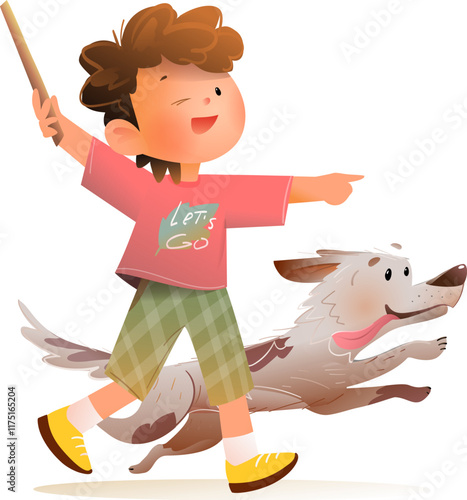 Cute teenager boy or schoolboy walk or train his dog, throw a stick. Kids dog walker young male character. Children and domestic animals illustration. Vector clipart cartoon colored in watercolor.