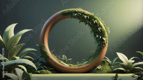 Wooden Circle Portal: Lush Greenery and Serene Mood