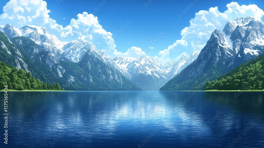 Obraz premium Serene alpine lake nestled between snow-capped mountains under a vibrant sky
