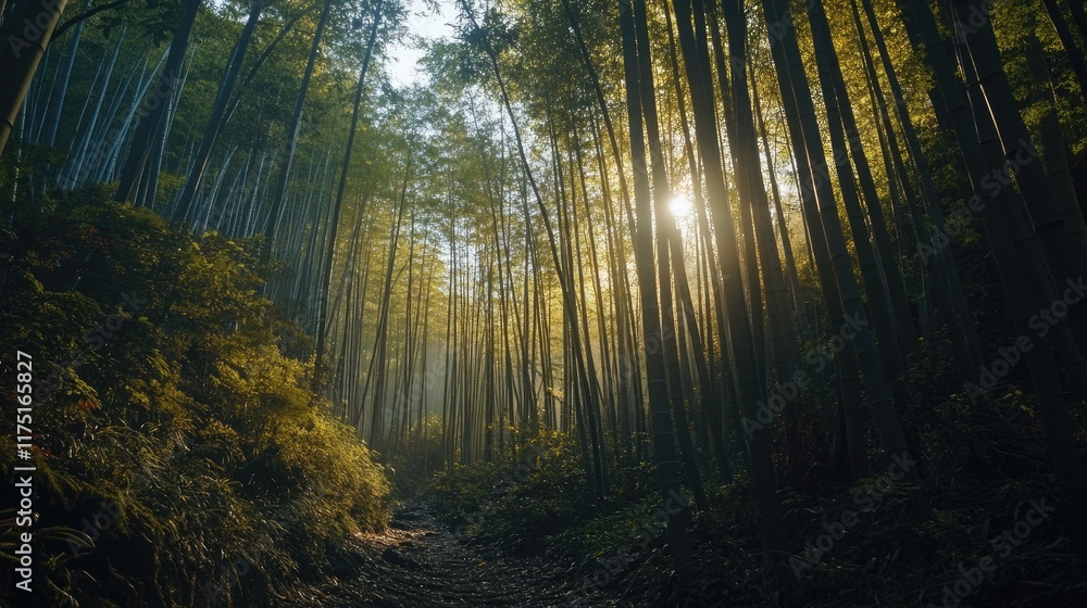 Obraz premium Sunlit Path Through A Lush Bamboo Forest