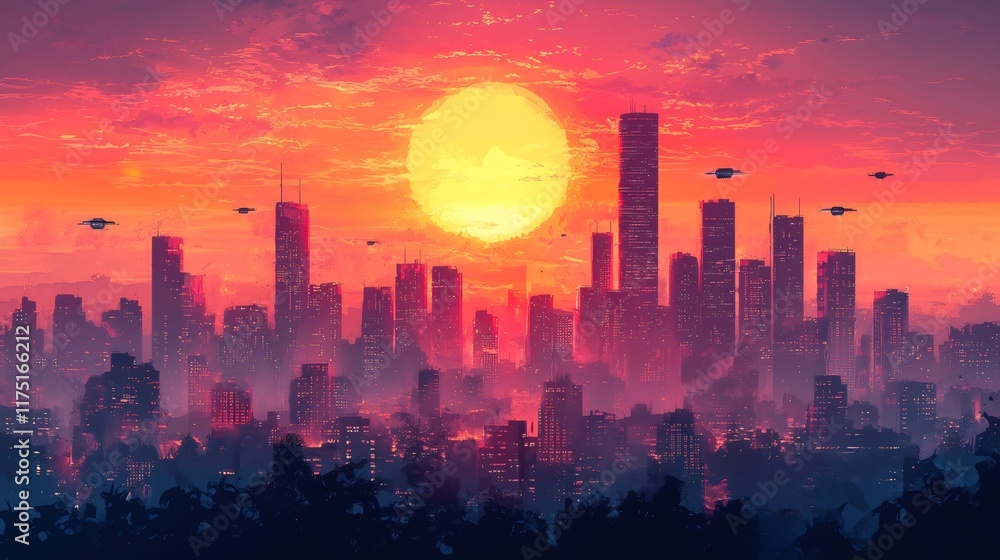 Futuristic city skyline at sunset with flying vehicles Futuristic city skyline at sunset with flying vehicles