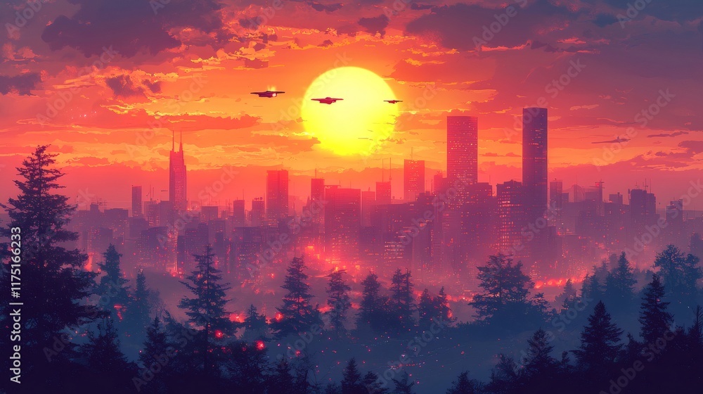 Fototapeta premium Futuristic city skyline at sunset with flying vehicles