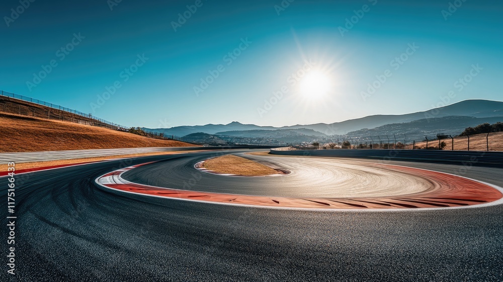 Fototapeta premium Mountainous Race Track Asphalt Curve Under Sunny Sky