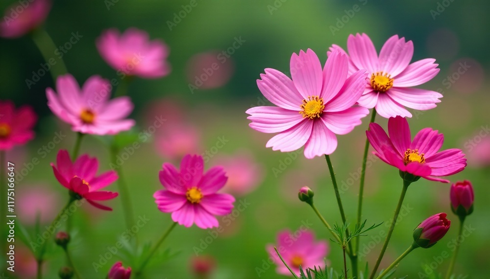 Cosmos flowers in full bloom with green stems and leaves, flower, blossoms Cosmos flowers in full bloom with green stems and leaves, flower, blossoms