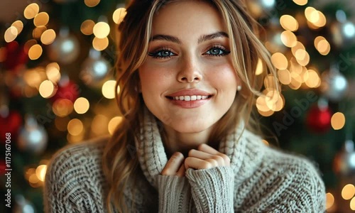 Wallpaper Mural Smiling woman in cozy sweater holding heart against Christmas tree lights, heartwarming holiday portrait Torontodigital.ca