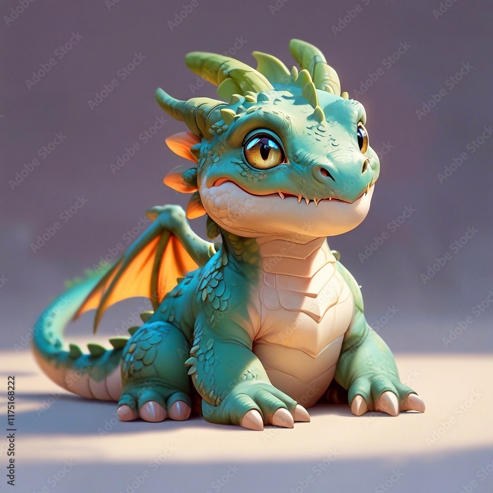 Three-dimensional cartoon character of a blue dragon baby, with glitter on the skin, full length Three-dimensional cartoon character of a blue dragon baby, with glitter on the skin, full length